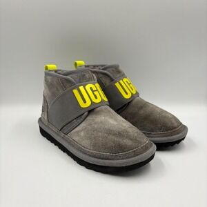 UGG Neumel Logo Kids Size 1 Grey Neon Yellow Good Suede Elastic Strap Boots